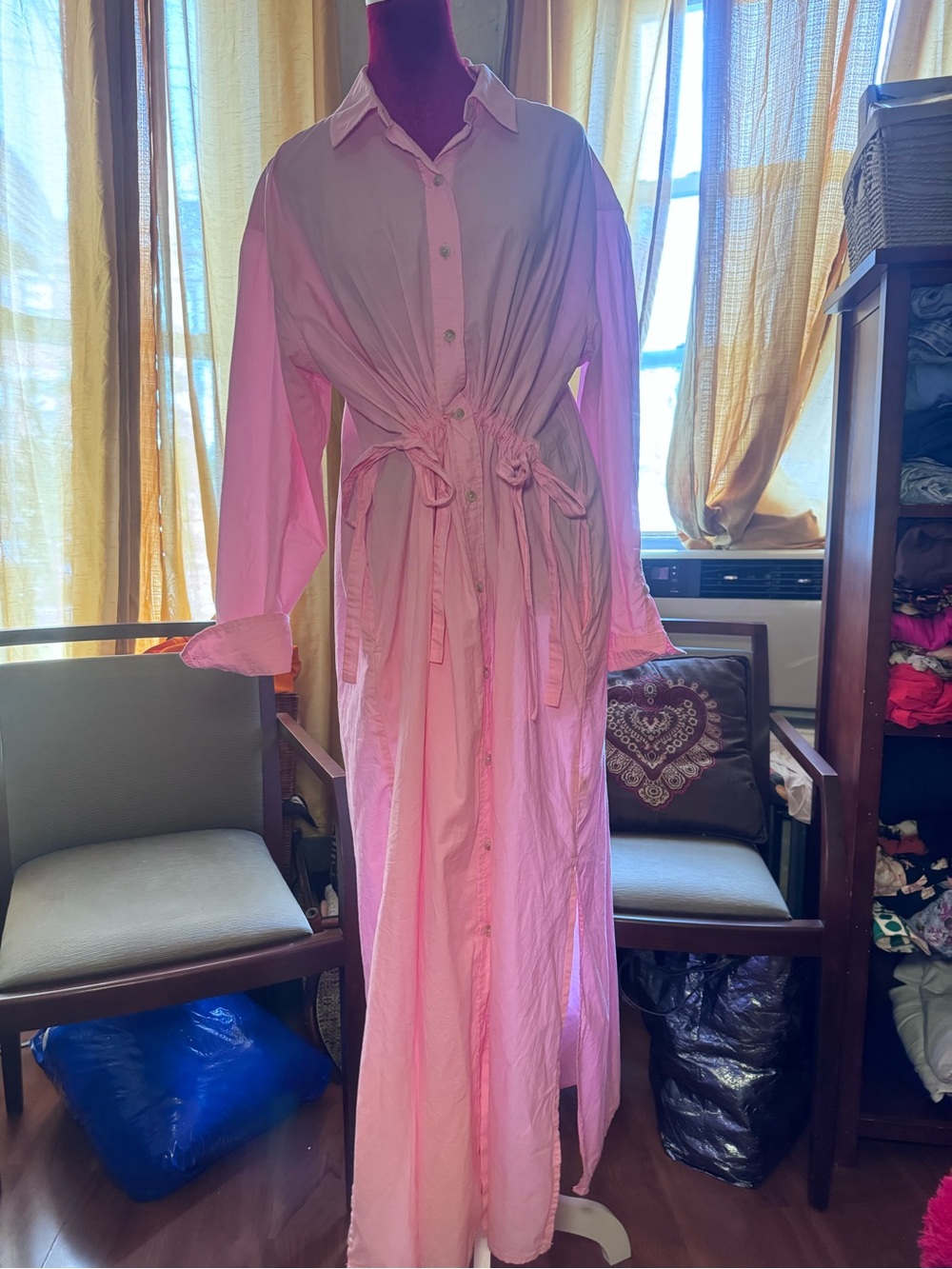 Universal Thread Pink Button-Front Tie-Waist Maxi Shirt Dress